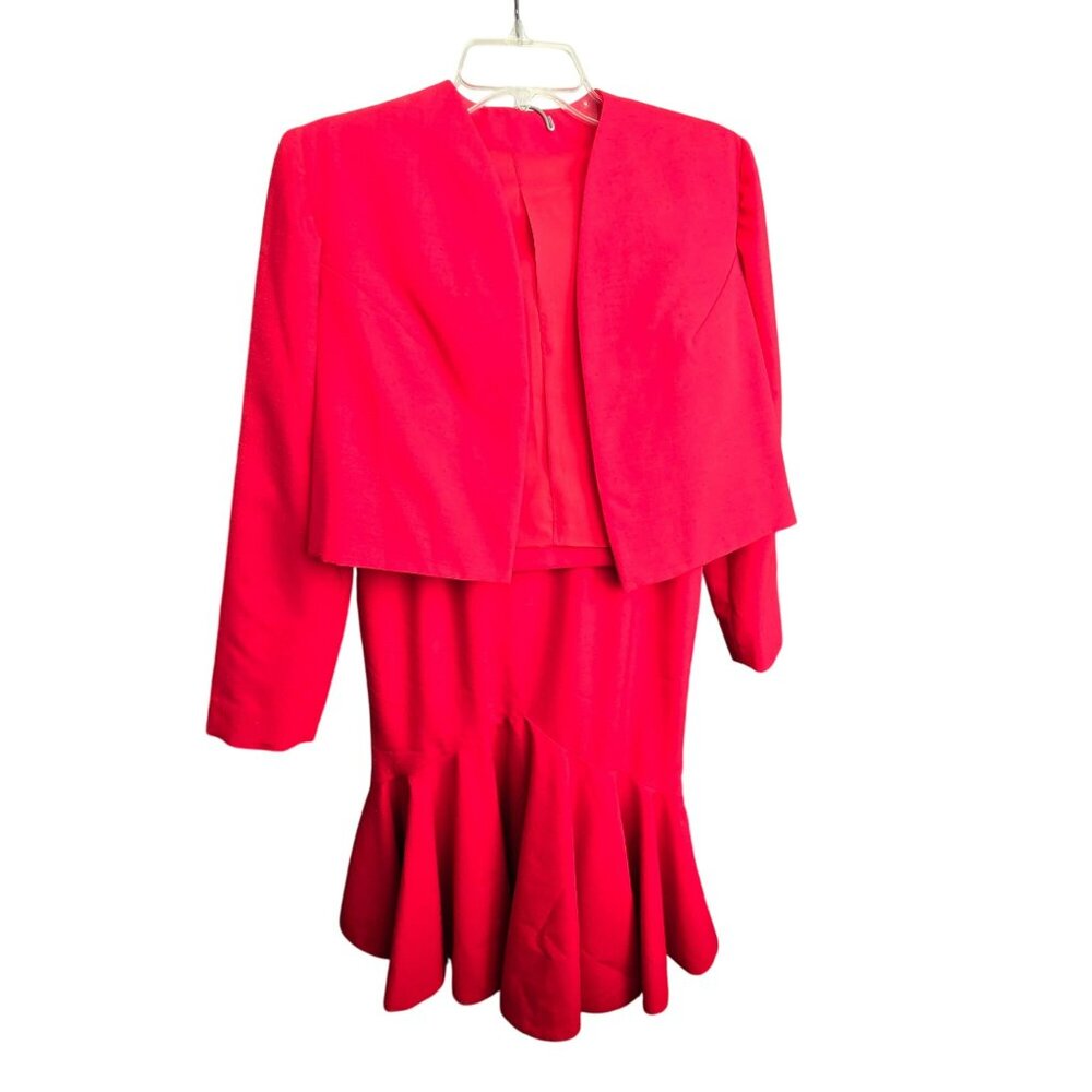 Vintage Red Two-Piece Womens Suit Set Flared Skirt & Open Jacket Raw Silk HS170